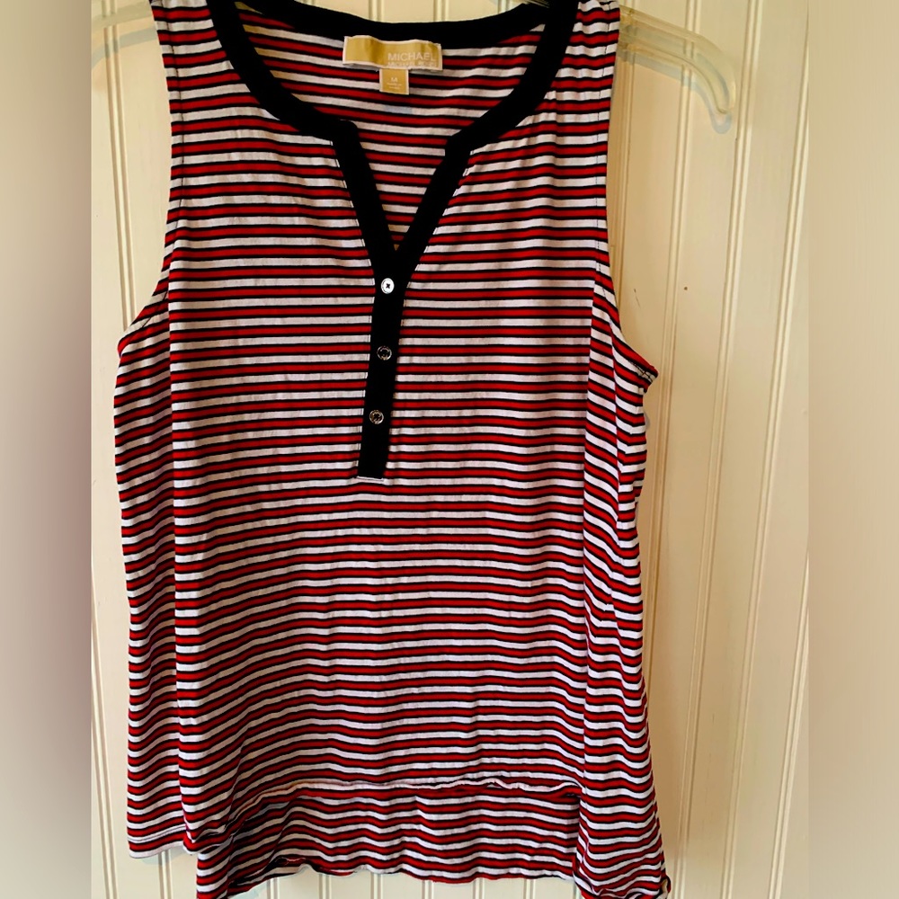 Michael Kors (M) V-Neck, with 3-buttons, Sleeveless Top; Red/White & Navy Stripe